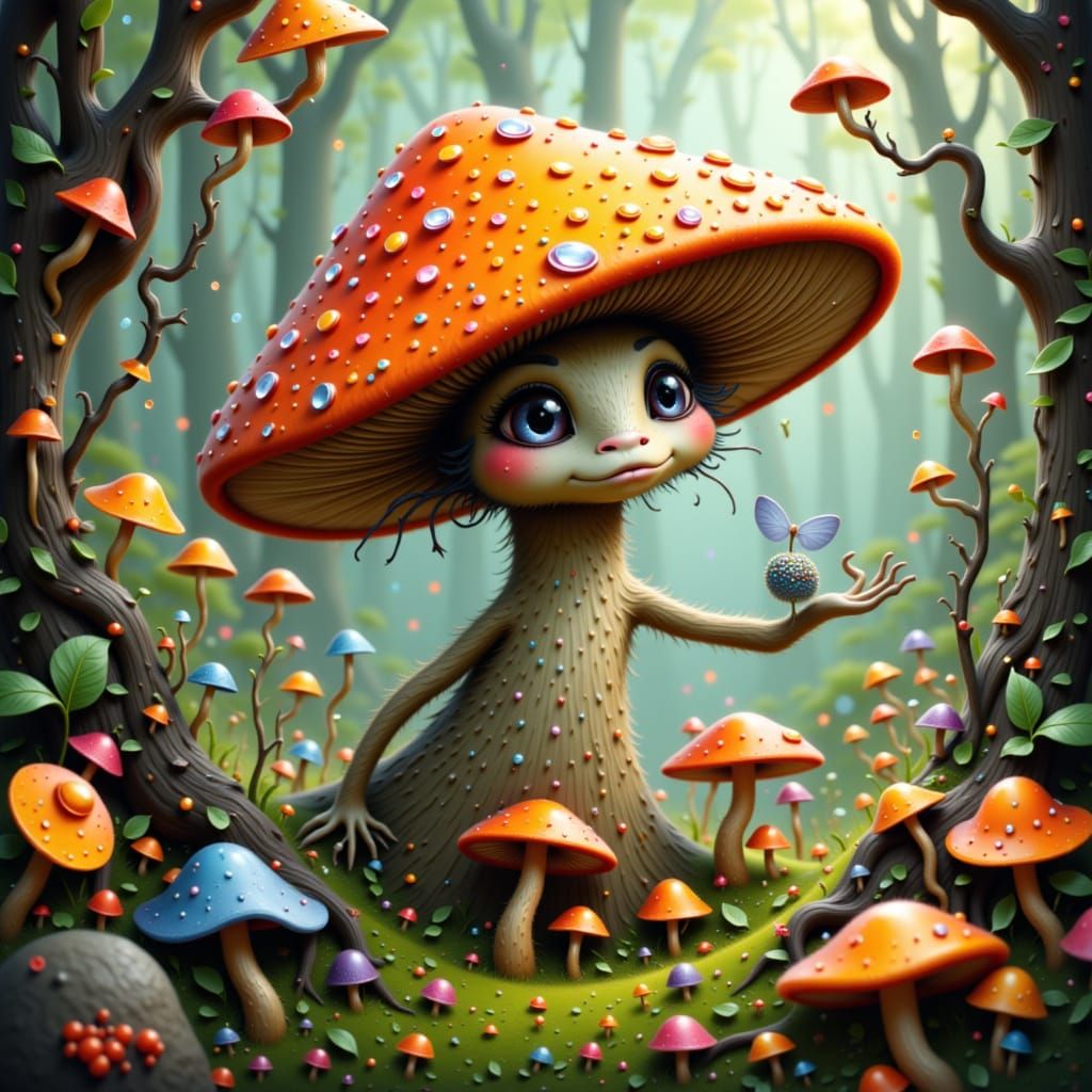 Whimsical Mushroom Elemental Dancing in Lush Greenery