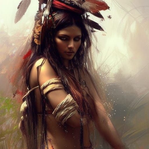 Cherokee Woman on Calm Sea: Dark Fantasy Art