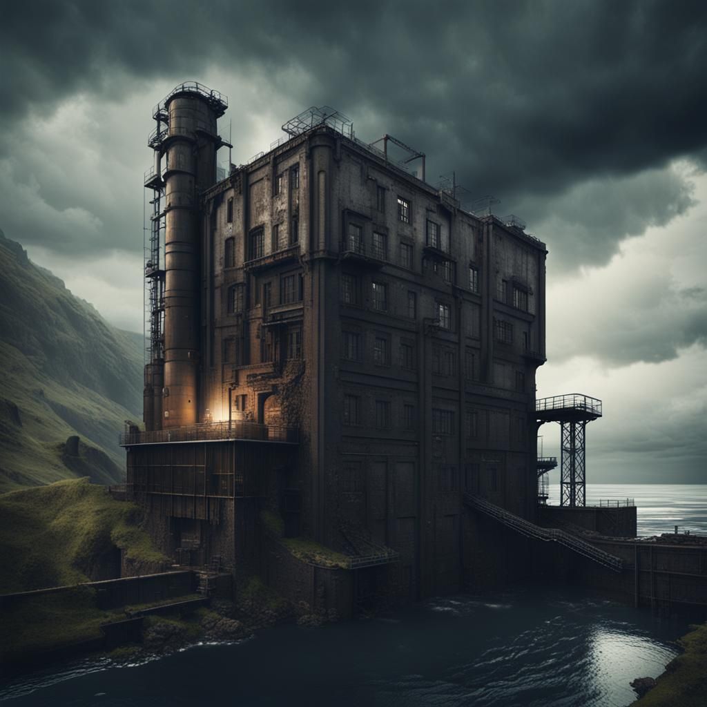 Dieselpunk Factory on Cliff in the Rain