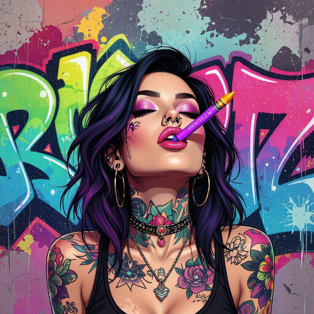 Woman Snorting Crayon in Psychedelic Street Art Style