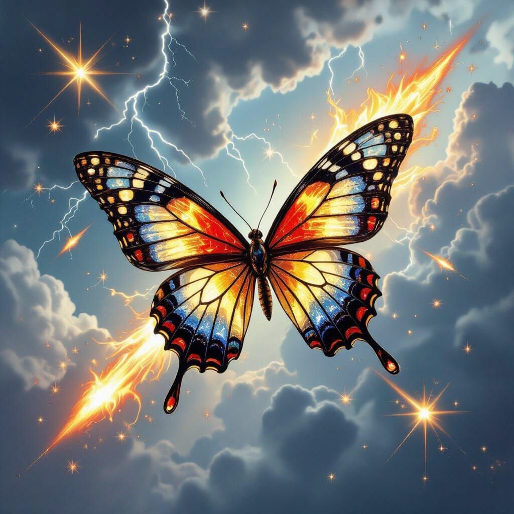 Crystal Butterfly Amidst Fiery Comets in Stormy Sky