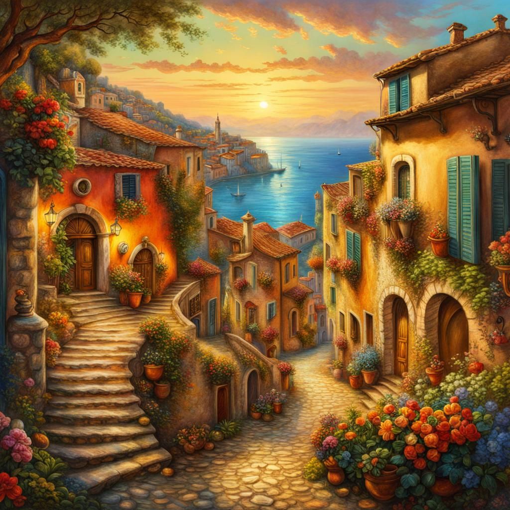 Italian Seaside Village: Digital Illustration in Warm Colors