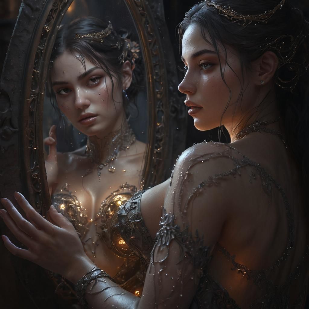 Demonic Reflection in Mystical Mirror, Dark Fantasy Art