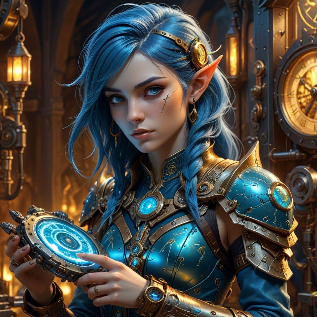 Blue-Haired Half Elf Artificer in Workshop