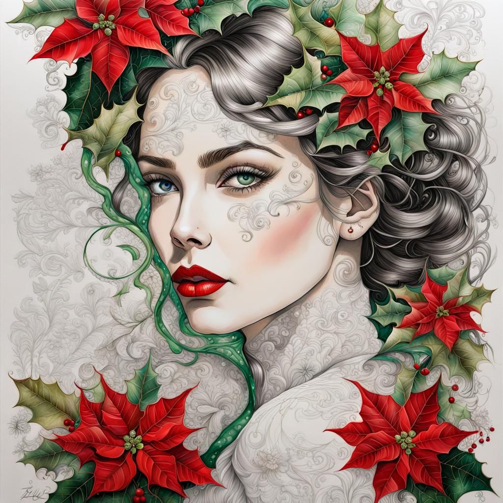 Elegant Christmas Portrait in Mixed Media Style