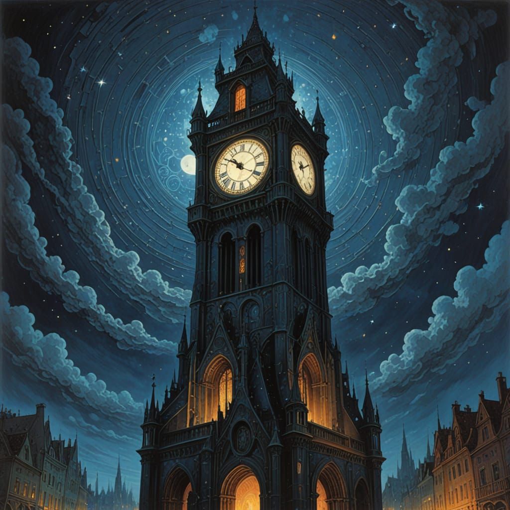 Gothic Clock Tower Illuminated by Celestial Fireworks at Mid...