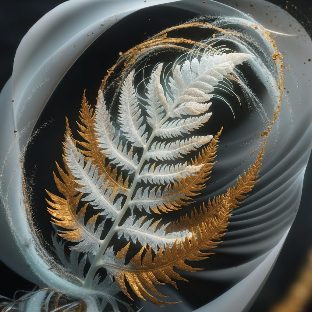 Bioluminescent Iridescent Fern Flower with Golden Leaves