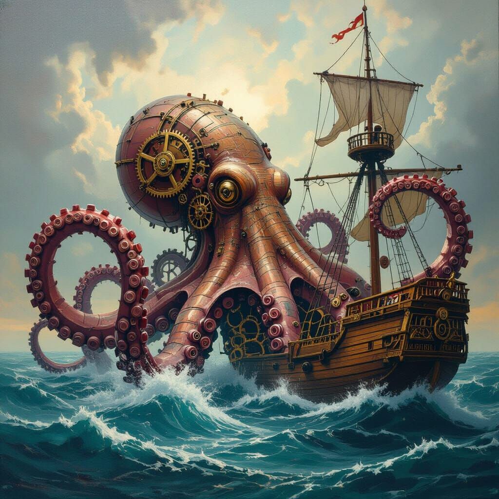 A clockwork kraken with intricate gears for tentacles rises