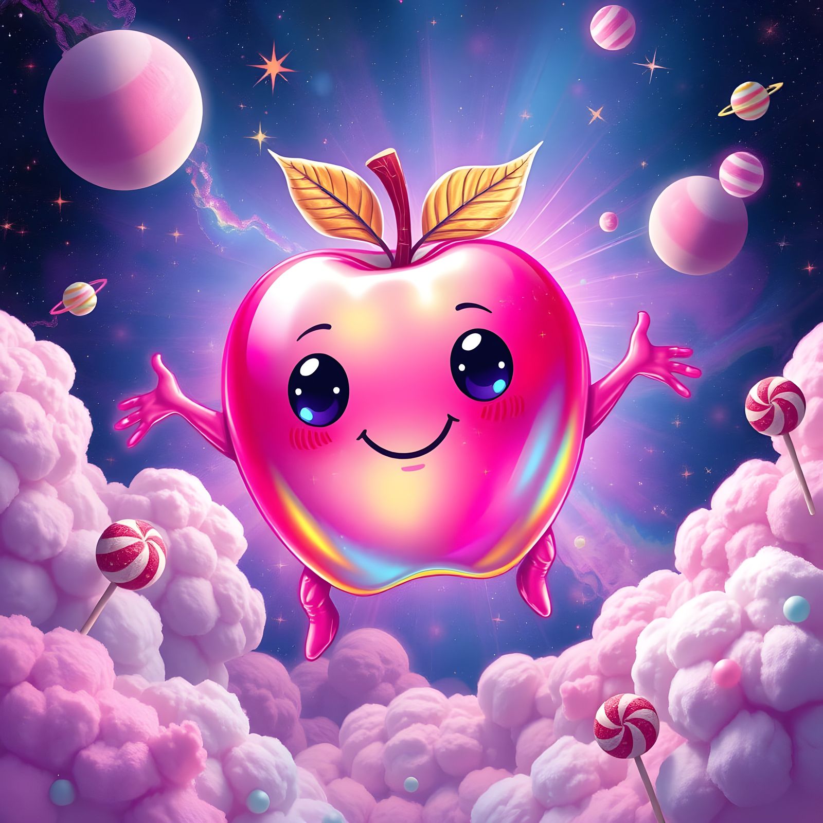 Whimsical Neon Candy Apple Soars in Cosmic Graffiti