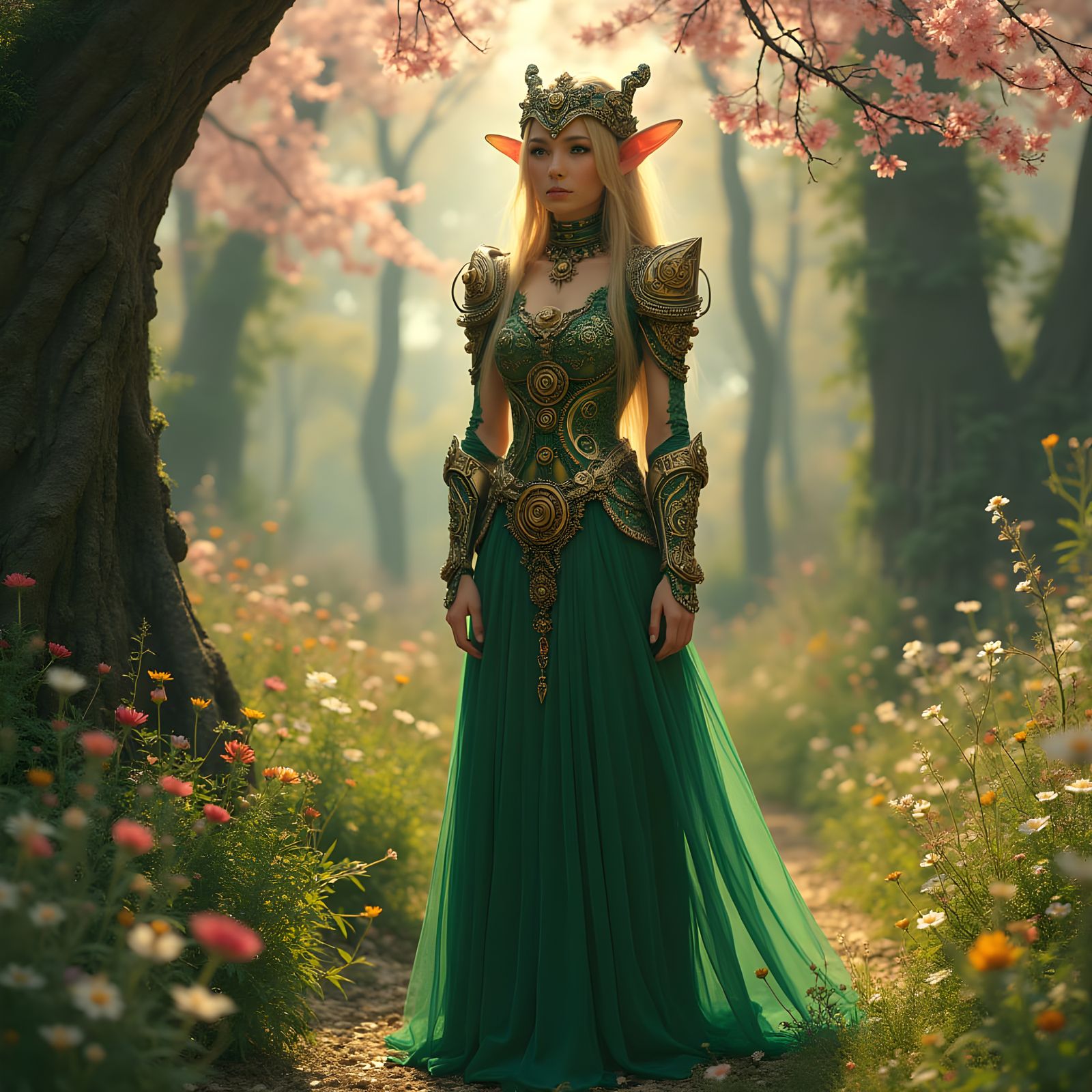 Steampunk Elven Princess in Vibrant Spring Garden