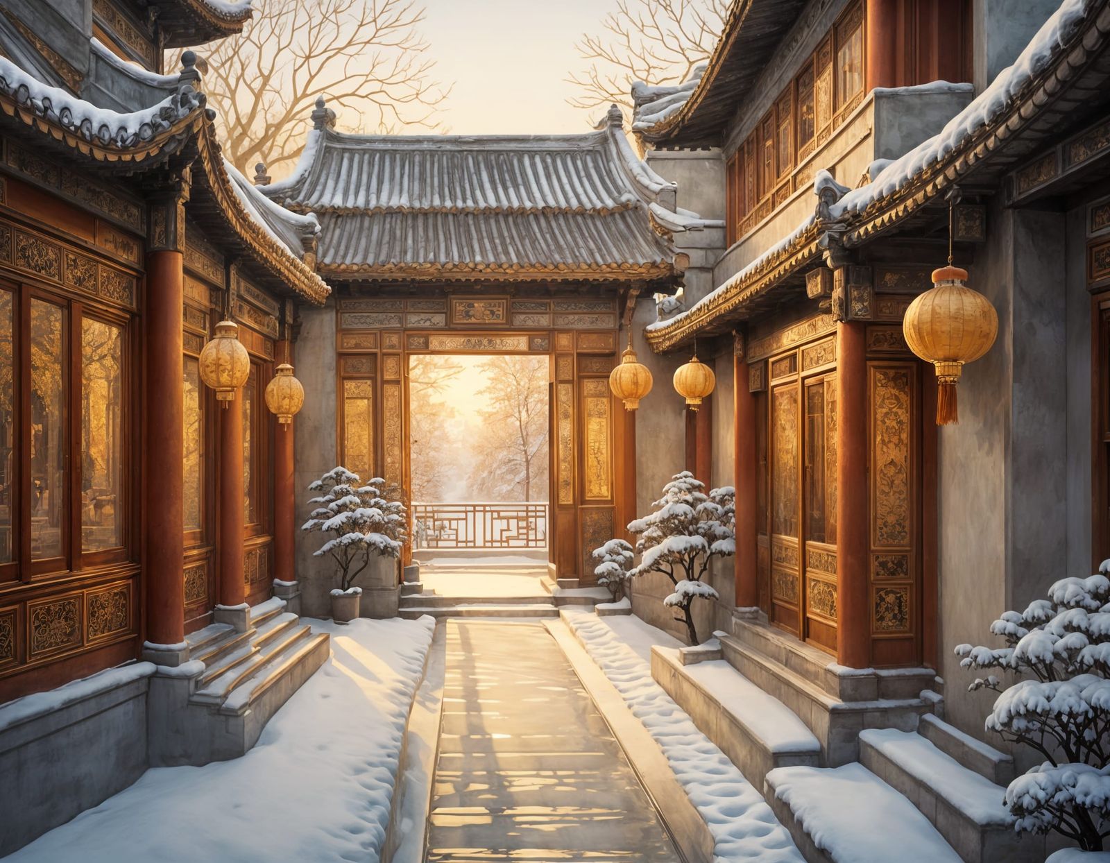 Beijing Hutong Street: Classical Architecture in Gouache Sty...
