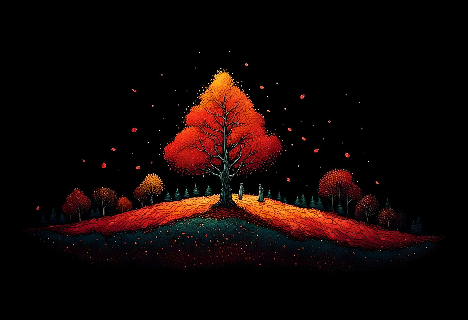 Fairy tale forest with red autumn trees, by james r eads