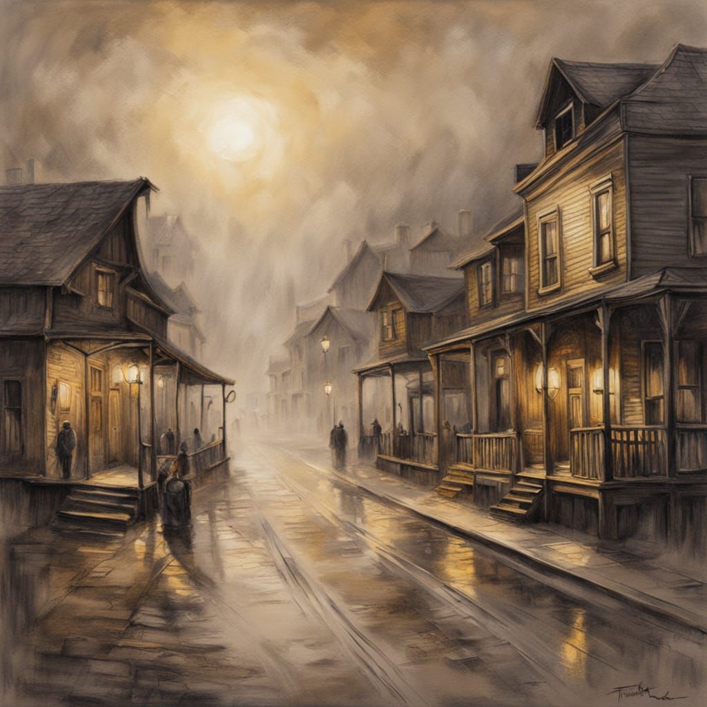 Old West Town in Ethereal Charcoal Drawing