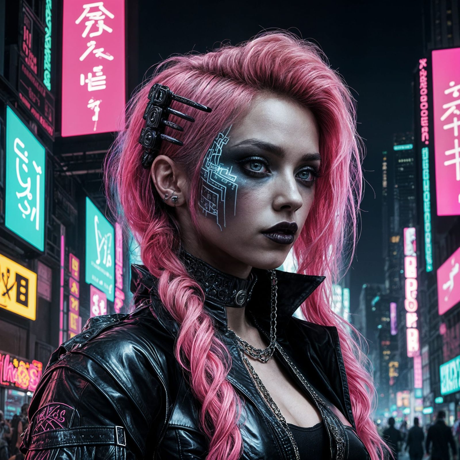 Goth Woman Strides Through Cyberpunk City