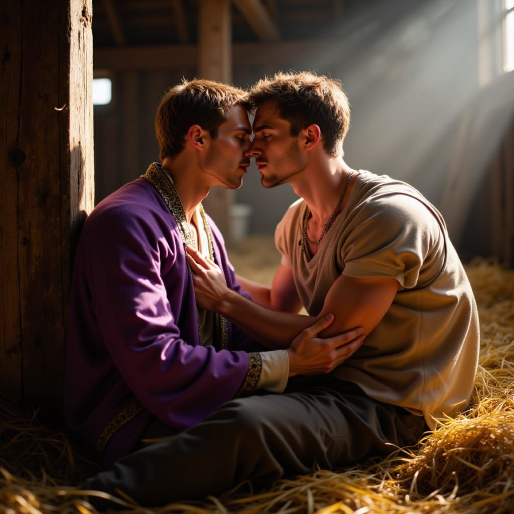 Intimate Barn Kiss: Lord and Farmer in Tender Embrace
