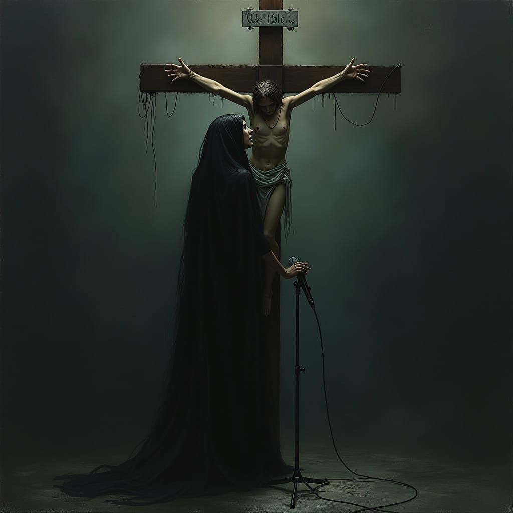 Mysterious Female Figure in a Dramatic Crucifix Scene