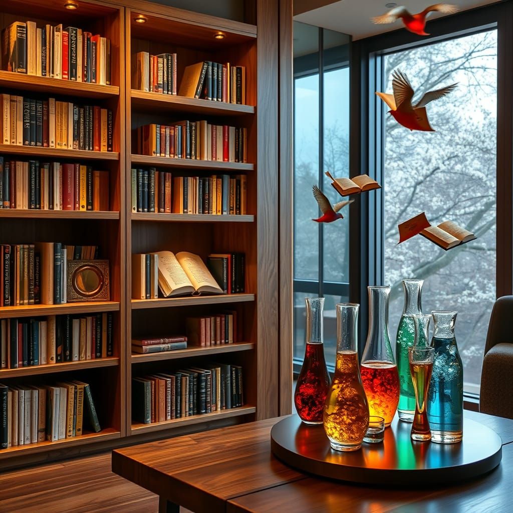 Mystical Library in Teak Wood with Glowing Books and Alchemi...