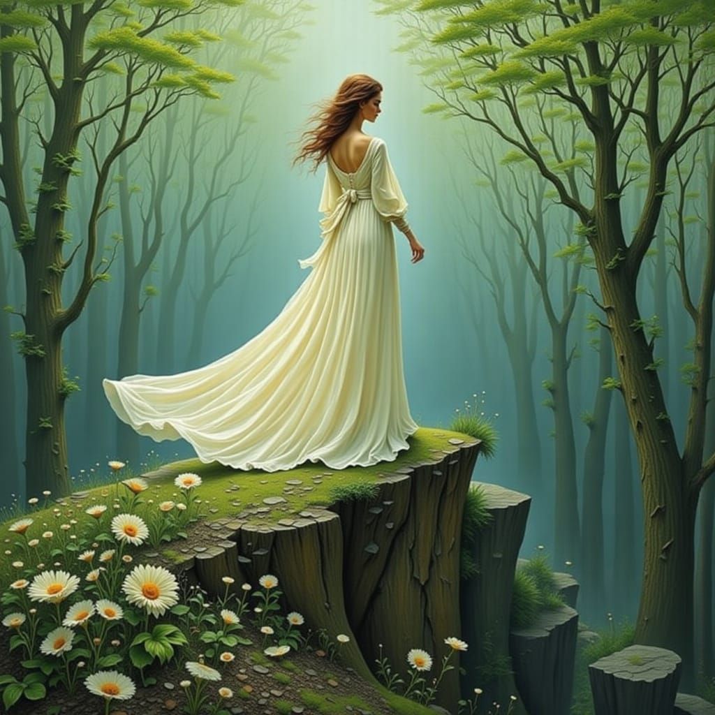 Woman on Misty Cliff in Impasto Art Nouveau Style