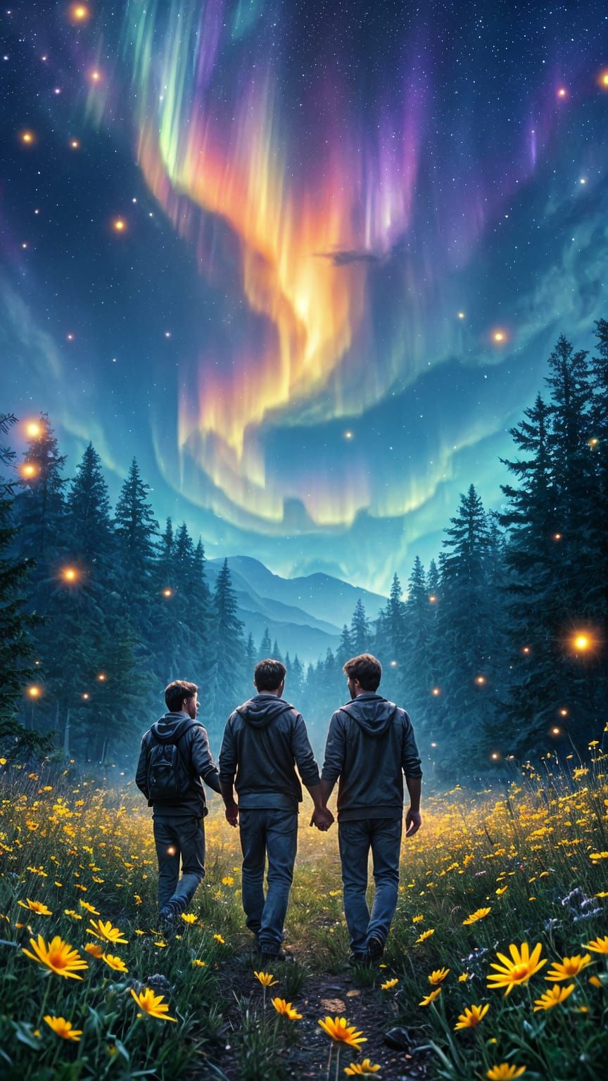 Three Men Stroll Through a Dreamy Summer Landscape