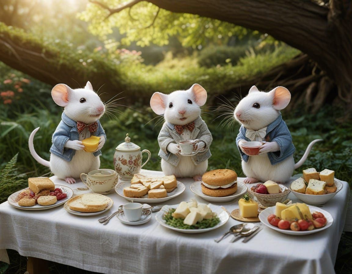 Mice Enjoy Whimsical Fantasy Picnic in Sun-Dappled Teacup To...