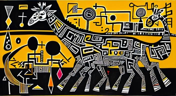 Giraffe of Circuit Boards in Abstract River of Music