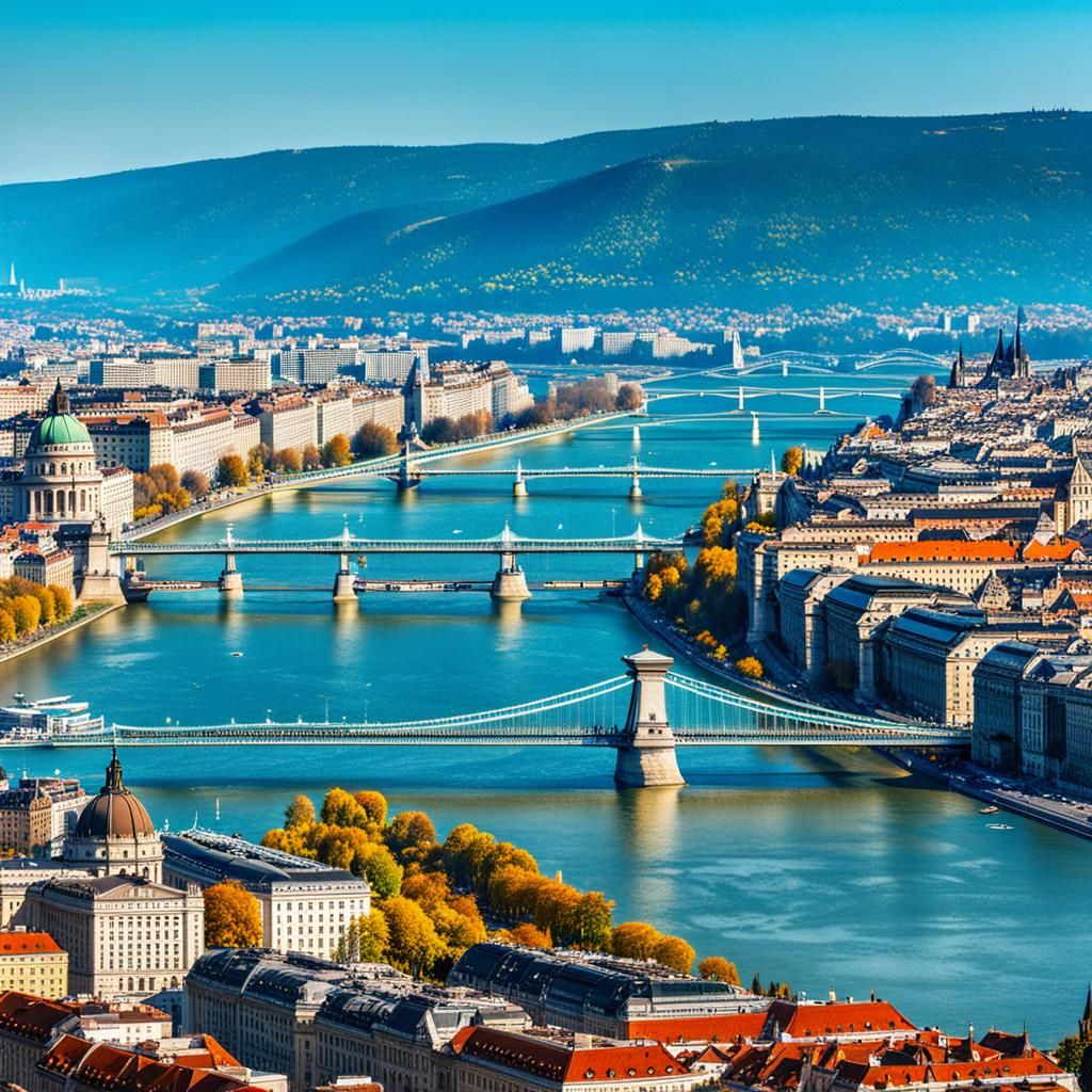 Budapest Skyline in Sunshine on Danube Bank