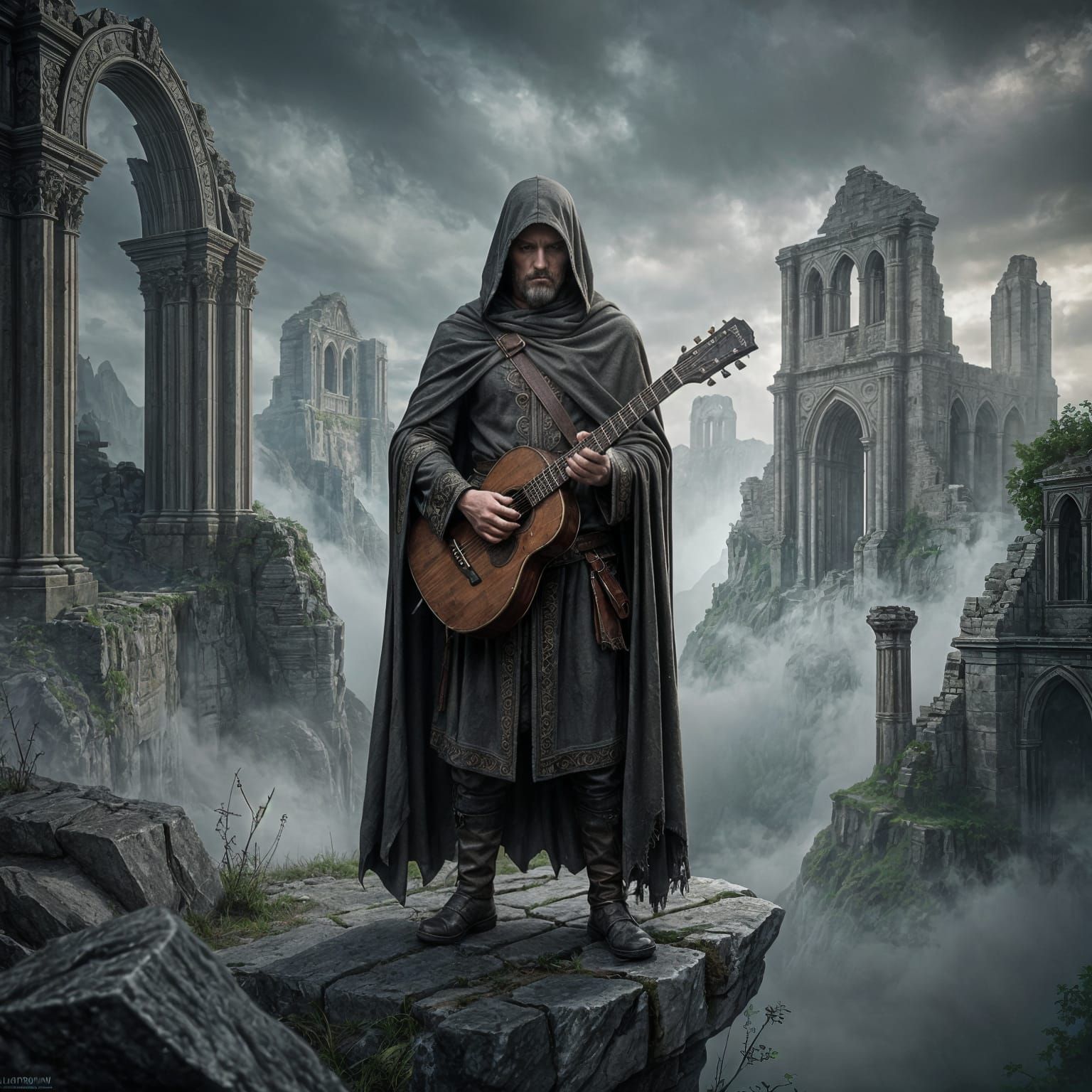 Lone Bard on Precipice of Forgotten Kingdom