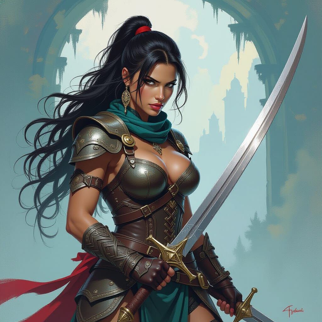 Fierce Female Warrior in Fantasy Landscape