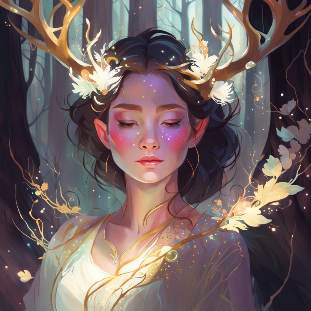 Enchanted Forest Woman with Golden Antlers