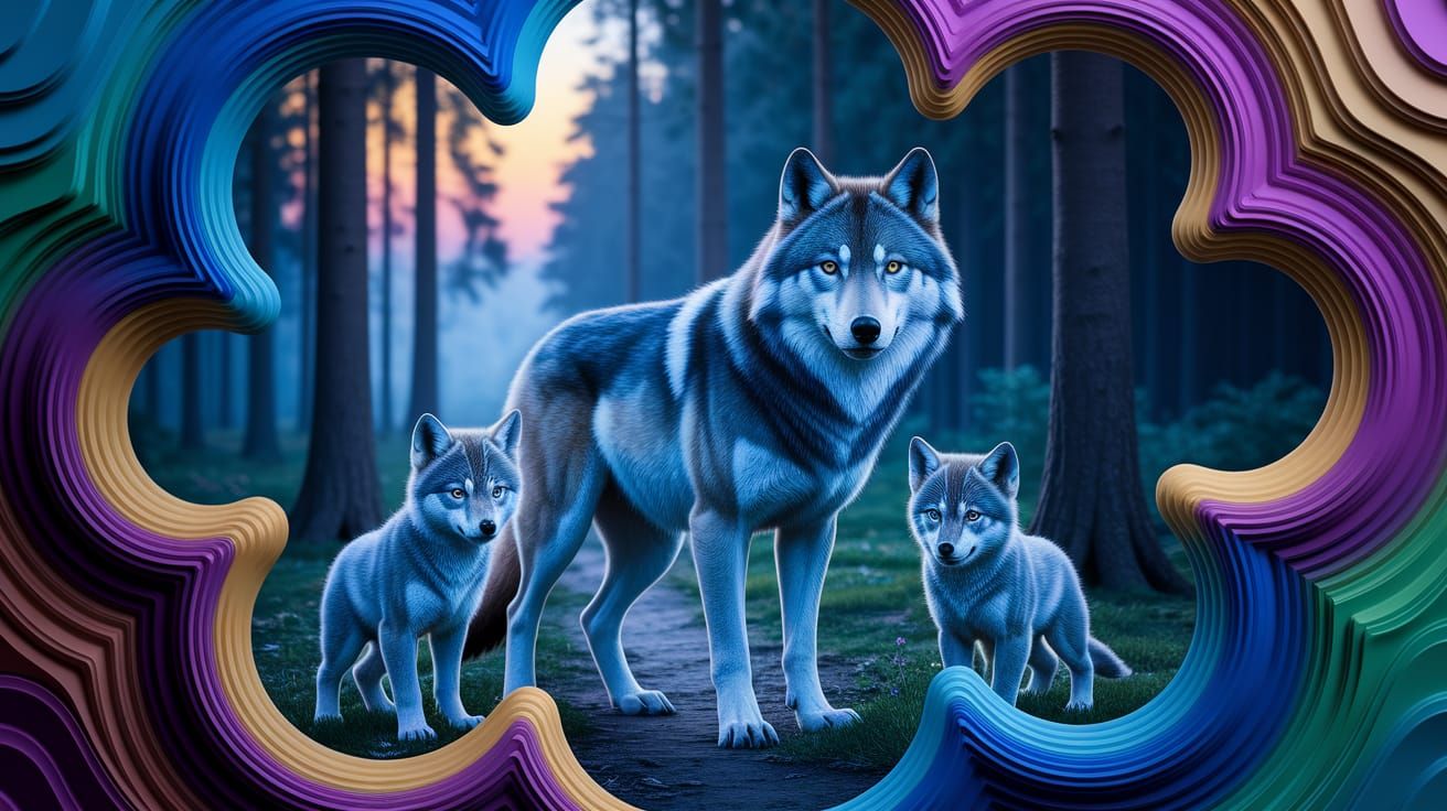 Magical Forest Wolf Family in Psychedelic Impasto Style
