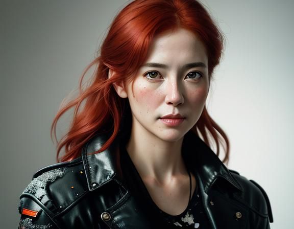 Redhead Biker Girl in Watercolor Portrait