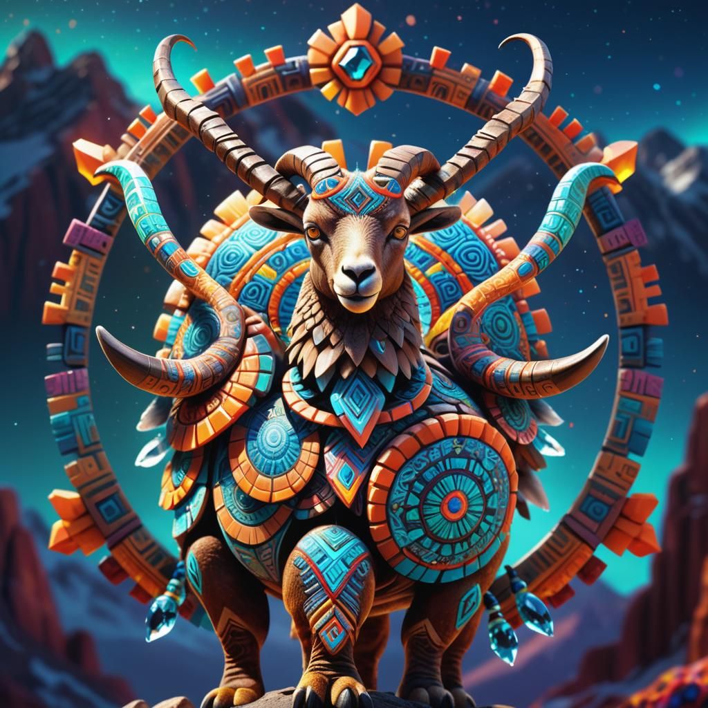 Majestic Ibex on Crystal Tortoise in Aztec Style