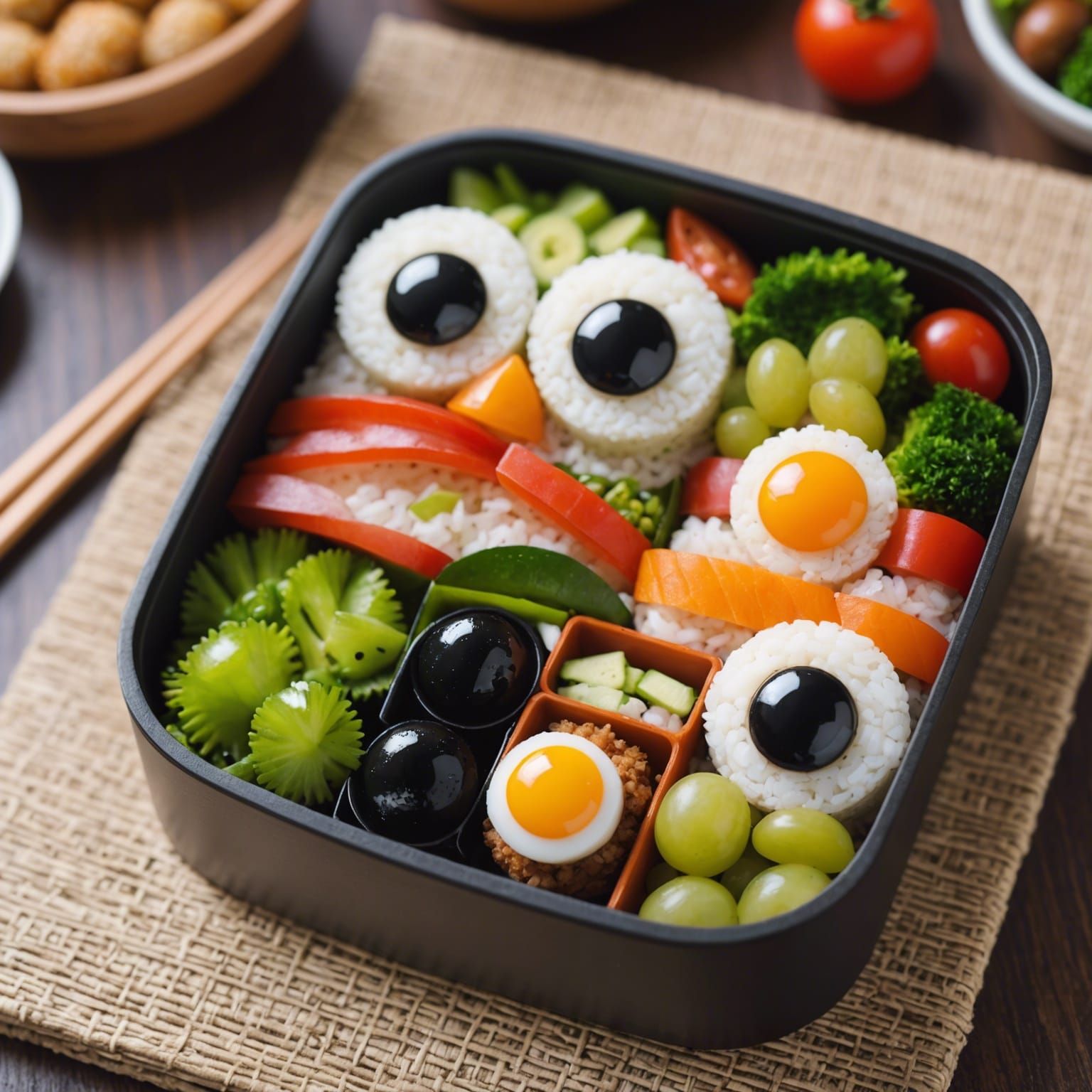 Playful Bento Box with Googly Eyes in Close-Up