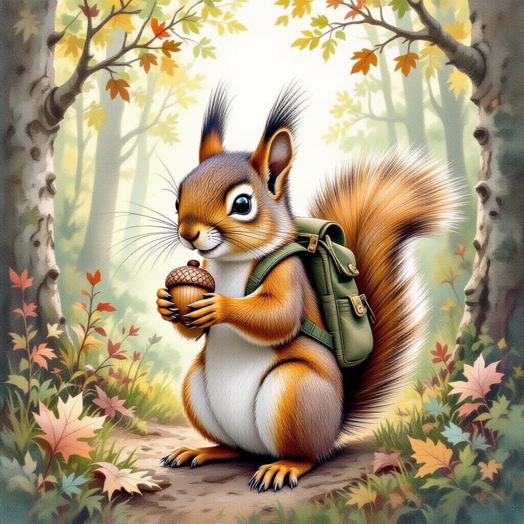 Squirrel with Backpack in Whimsical Watercolor Forest