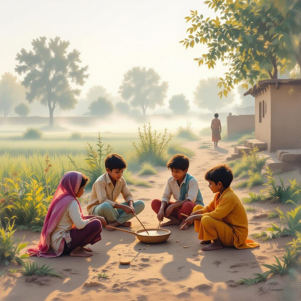 Indian Village Children Play Gilli-Danda, Mughal Art Style