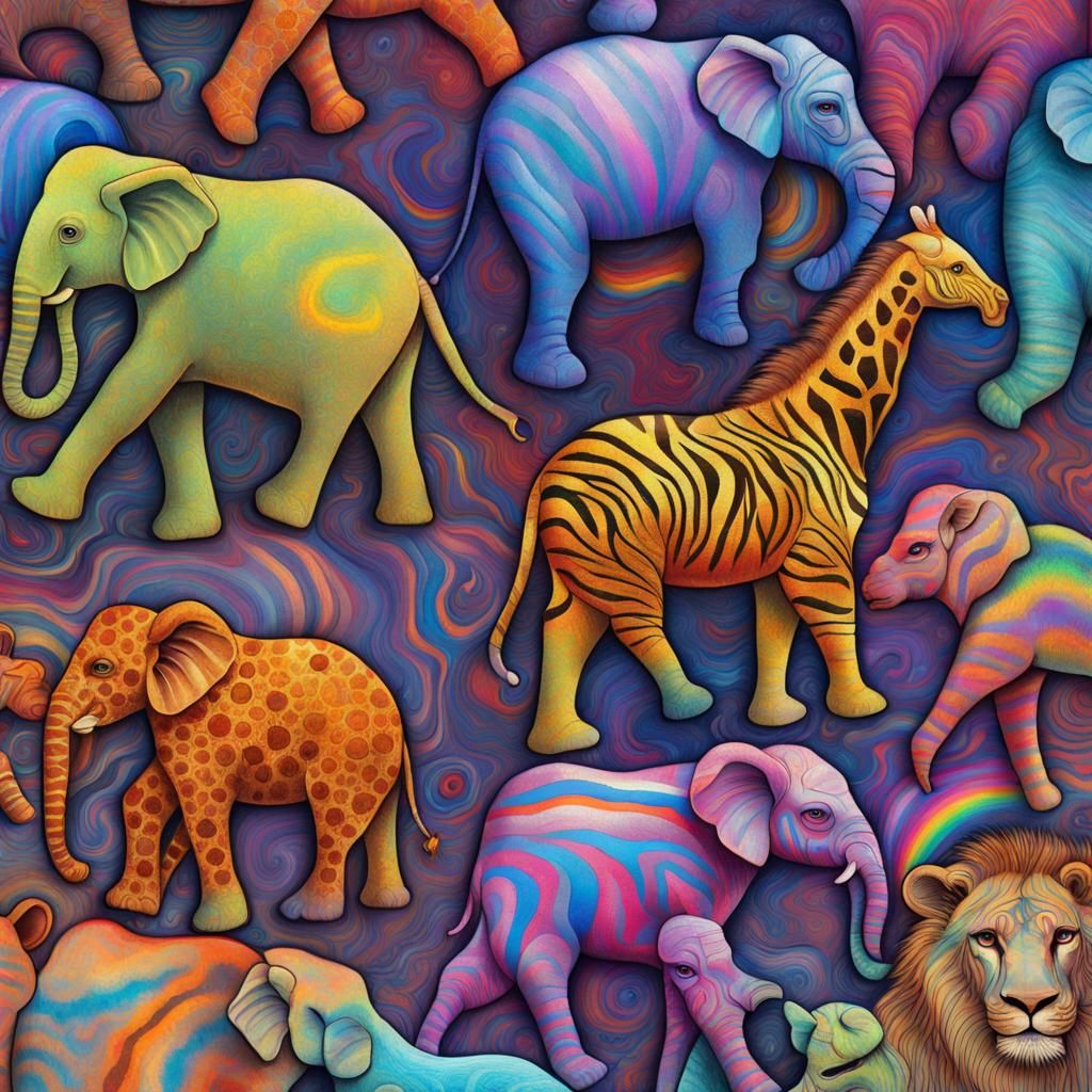 Psychedelic Stuffed Animals in Multicolored Cosmic Illustrat...