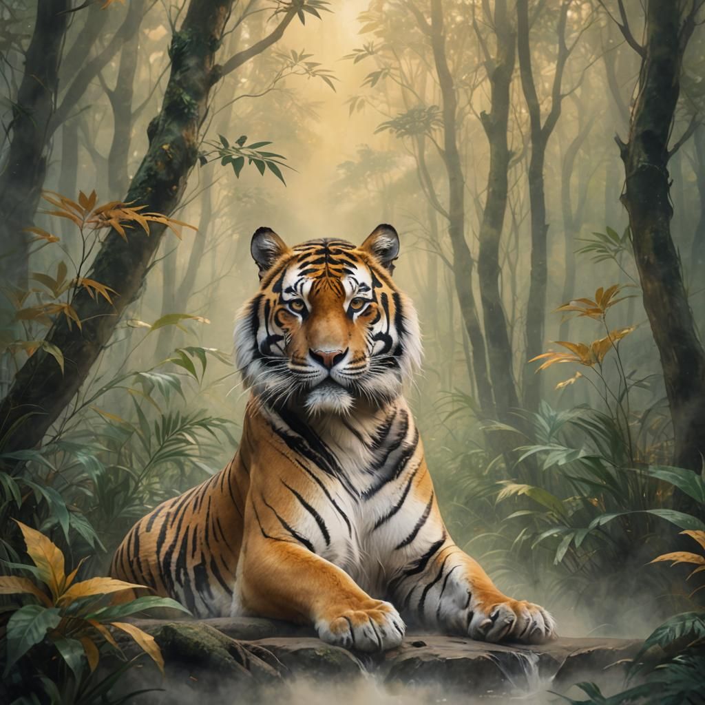 Calm Tiger in Mystical Forest: Chinese Watercolor Art