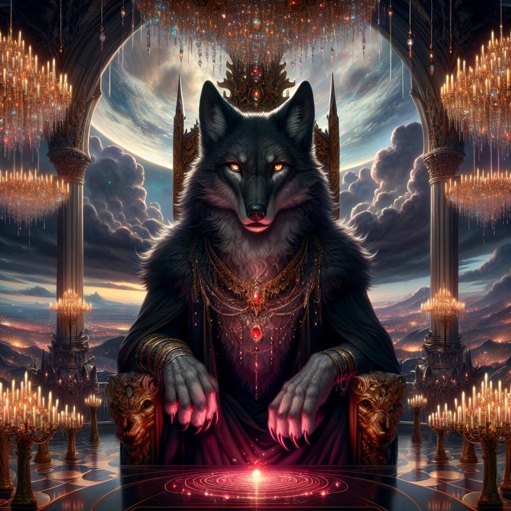 Anthropomorphic Wolf King on Gothic Throne