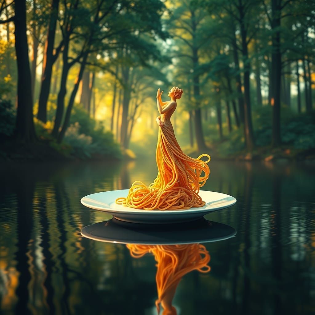 Noodle Couple Sculpture Dancing on Lake, Dreamlike Art