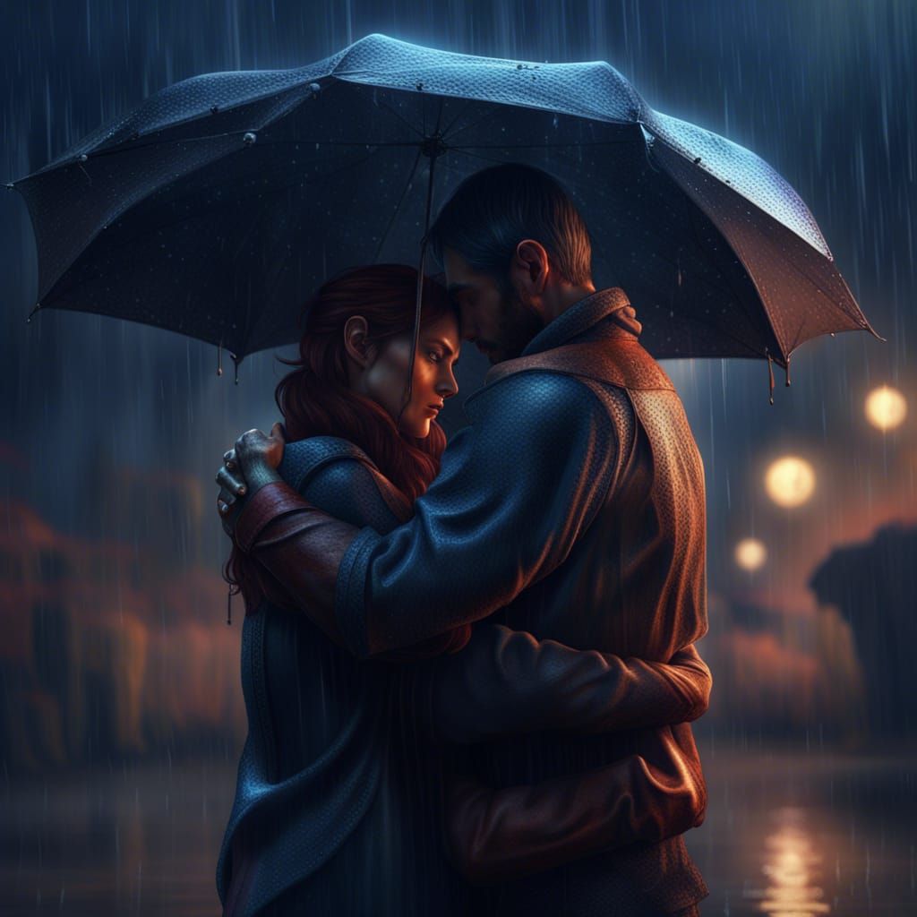 Romantic Embrace in Rain: Fantasy Concept Art