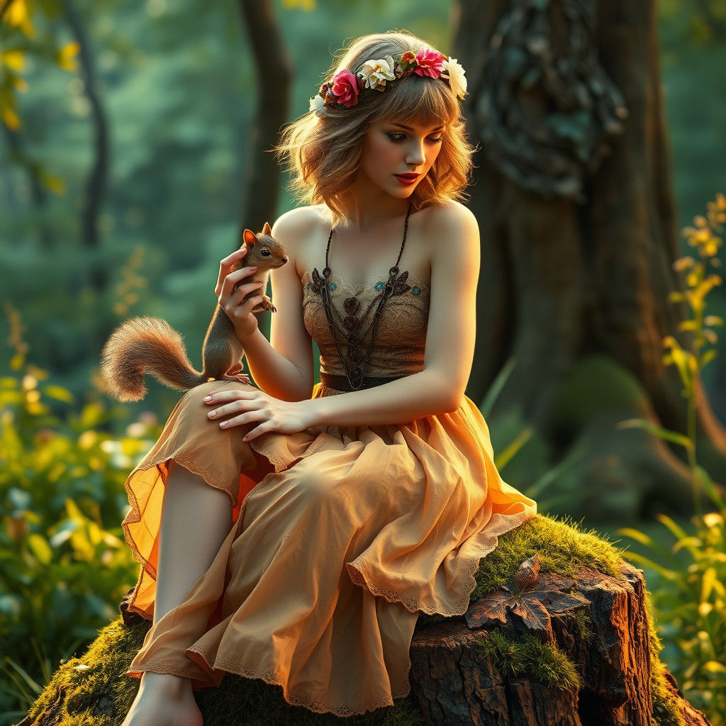 Ethereal Forest Scene: Woman and Squirrel in Harmony