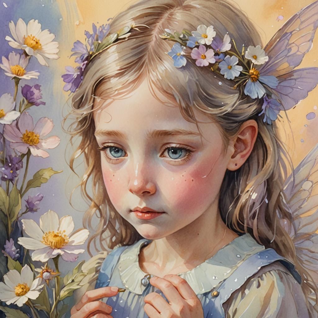Fairy Offers Flower to Girl in Gouache Painting