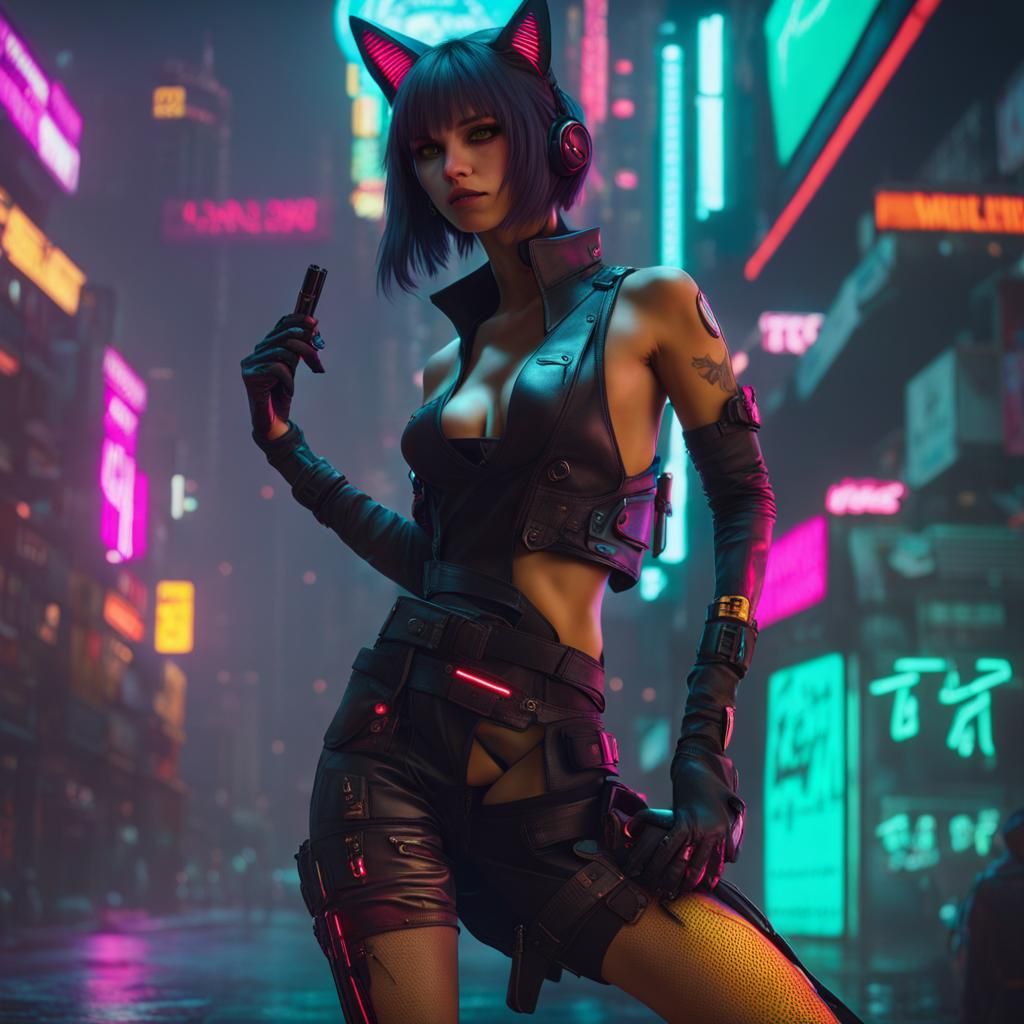 Cyberpunk Catgirl Full Body Image
