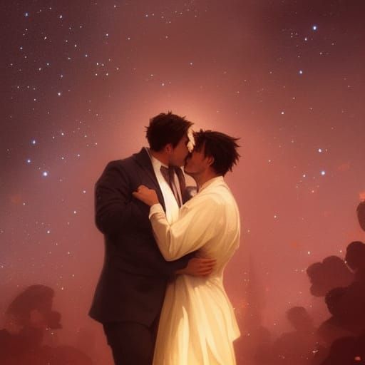 Romantic Kiss Under Starry Sky, Art Nouveau Portrait