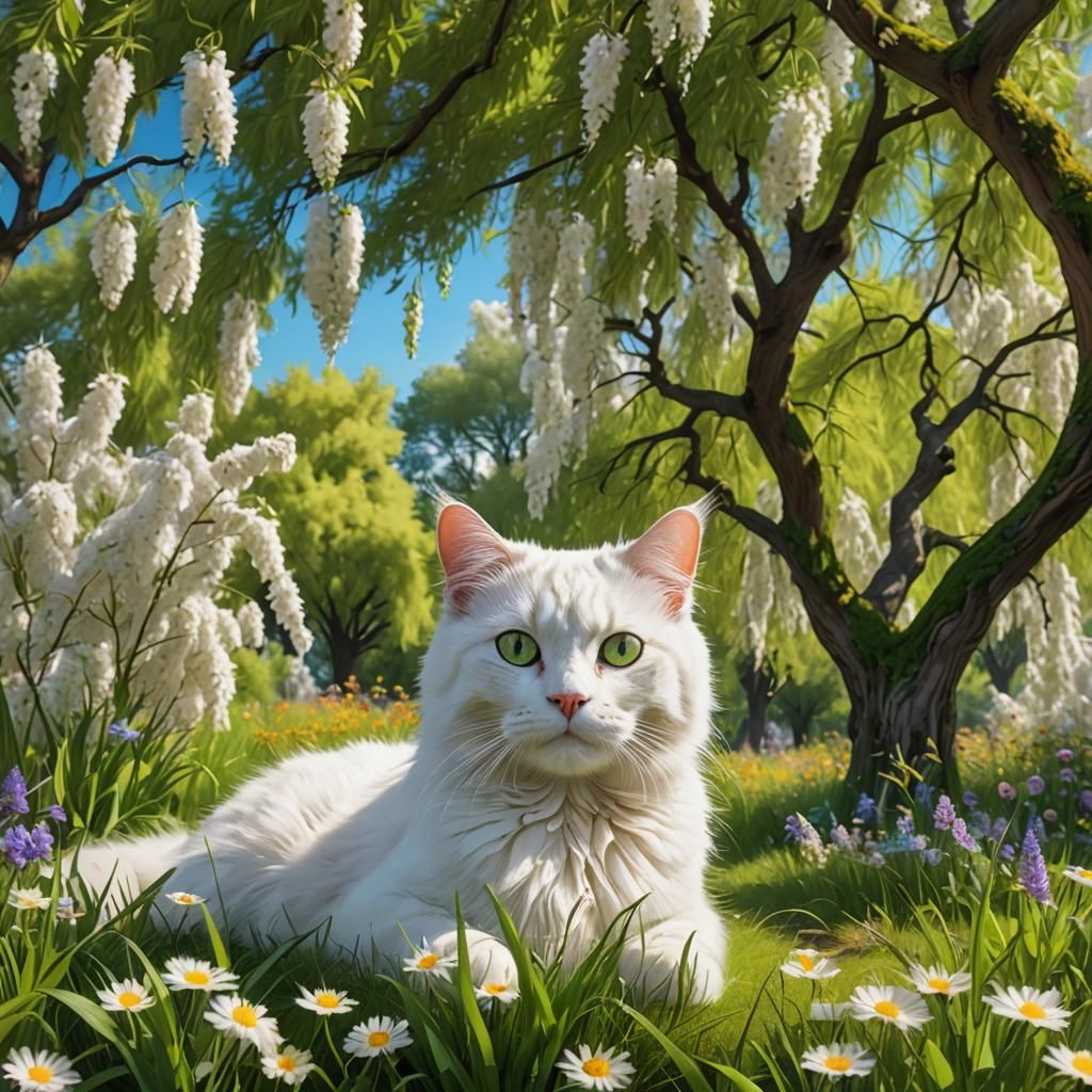 Fluffy White Cat in Wildflower Meadow
