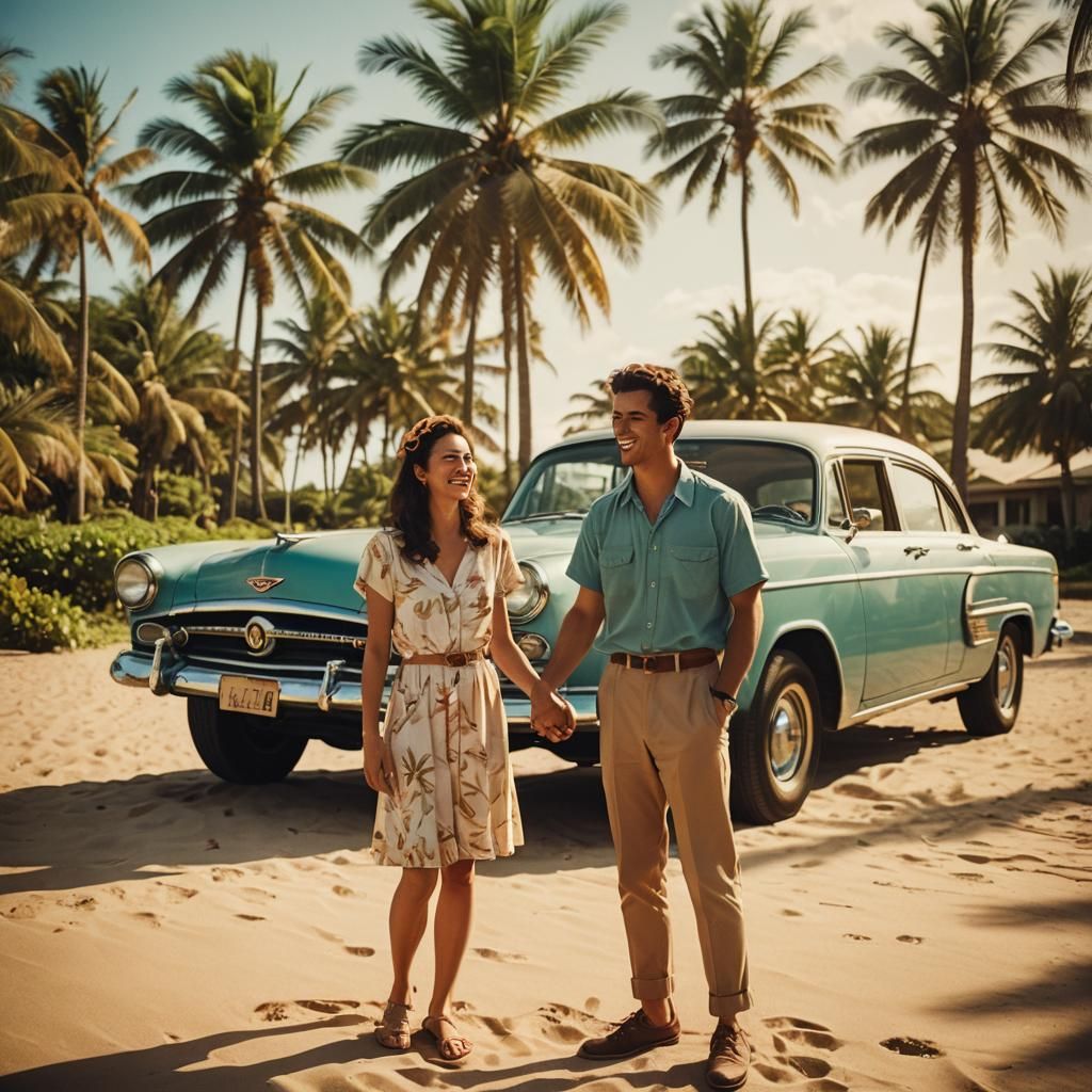 Hawaii Beach Scene in Retro Film Style
