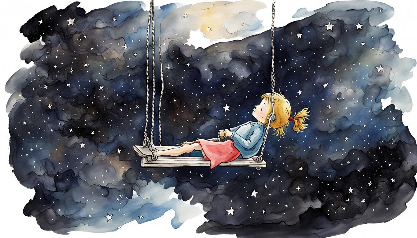 Girl on Swing in Space: Dreamy Whimsical Art