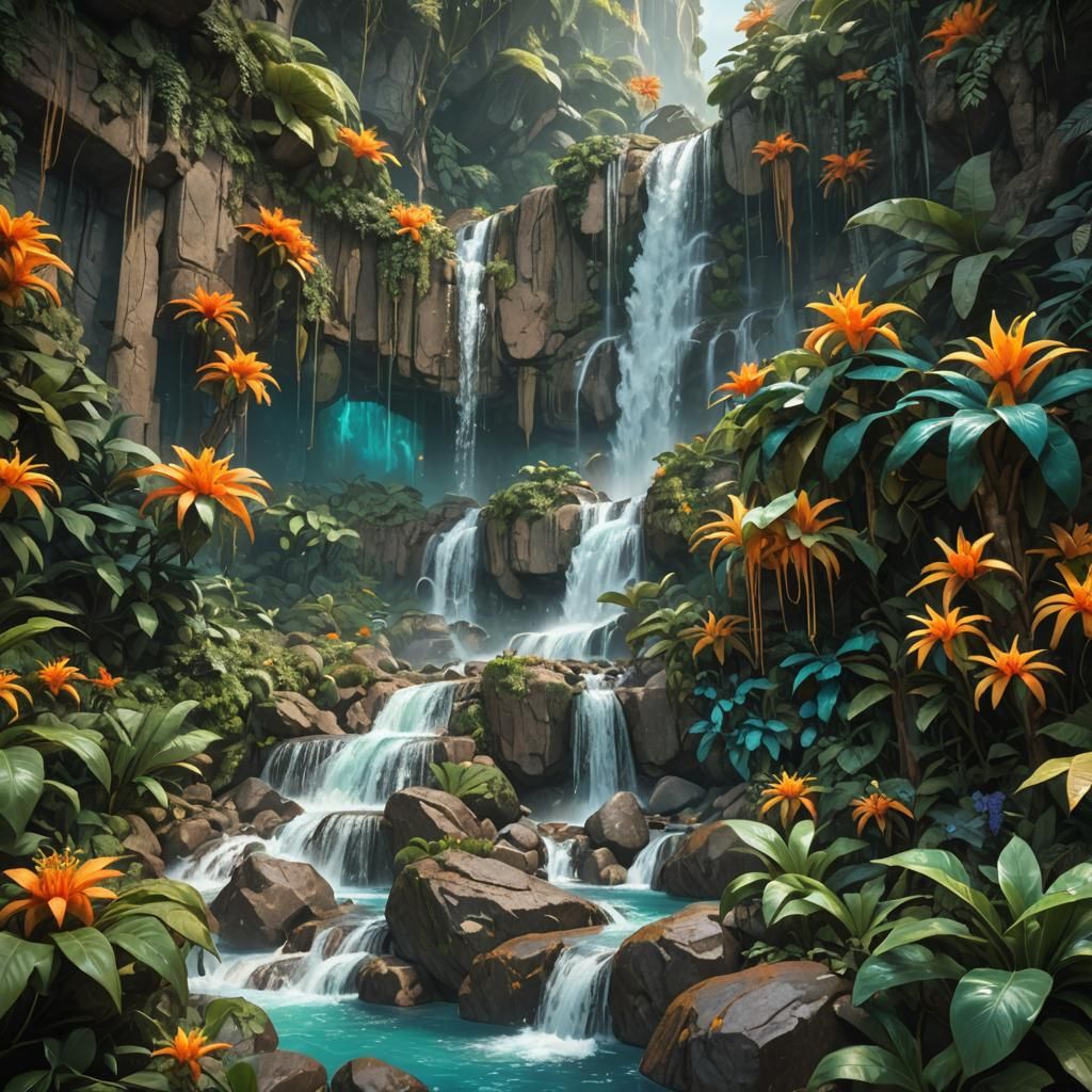 Lush Waterfall Scene in Art Nouveau Style