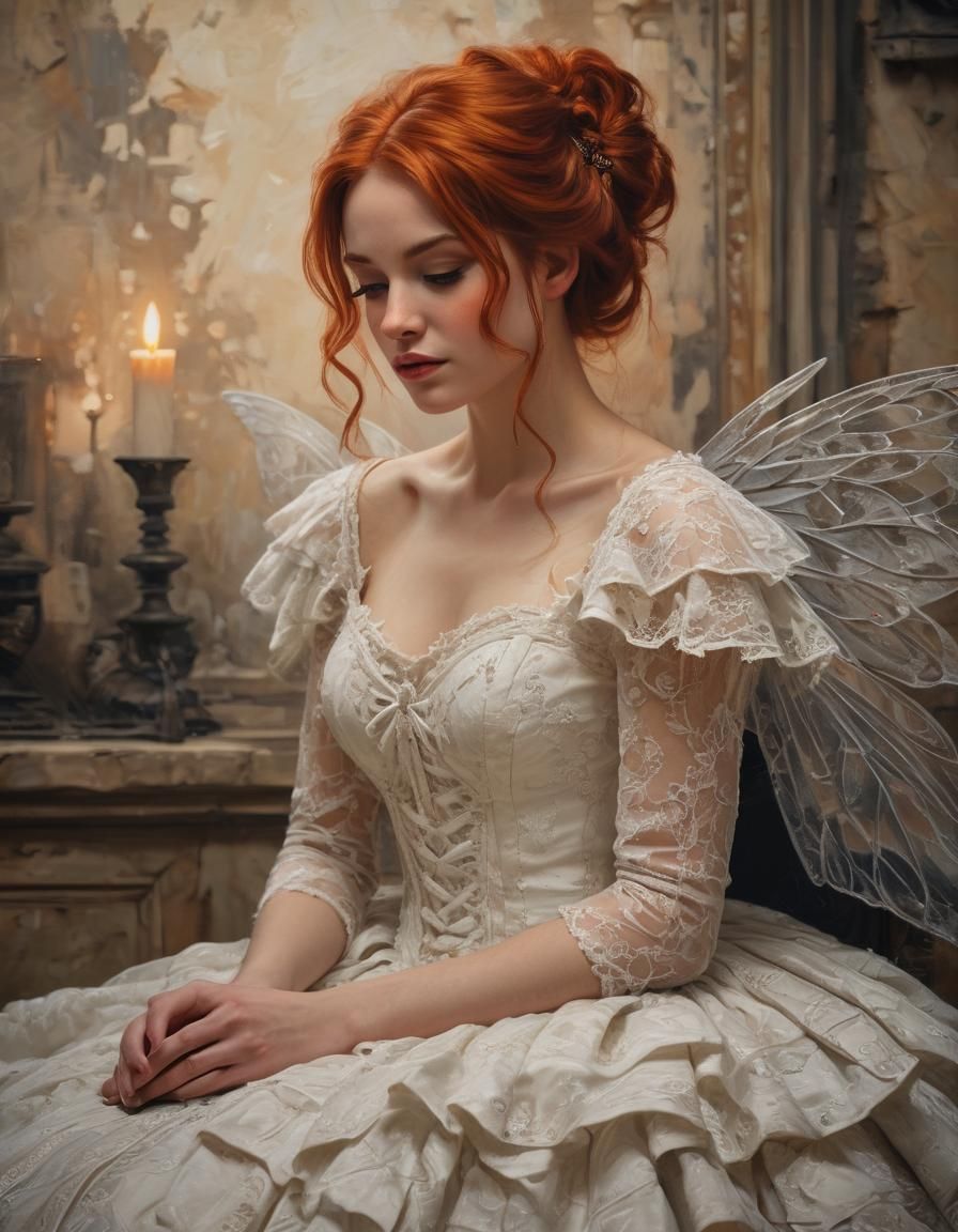 Steampunk Fairy with Black Wings as Impasto Oil Painting