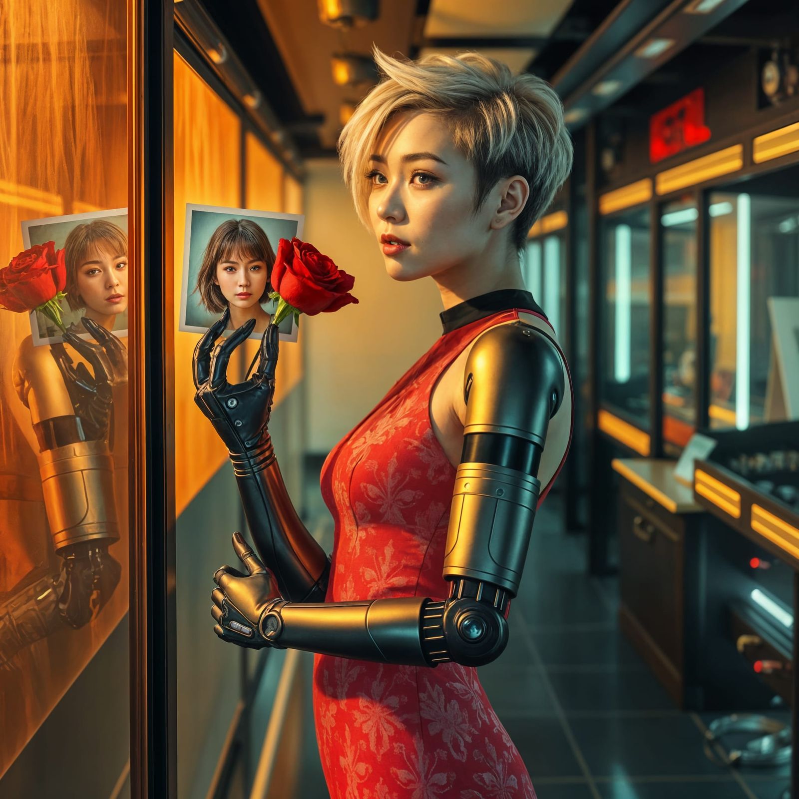 Beautiful Woman with Cybernetic Arms, Impressionism Oil Pain...